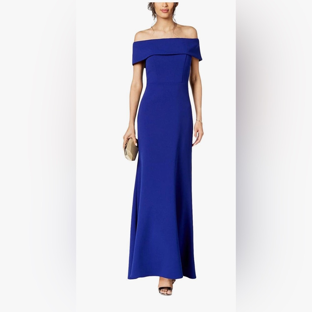 Betsy & Adam Blue Off-Shoulder Cap Sleeve Gown